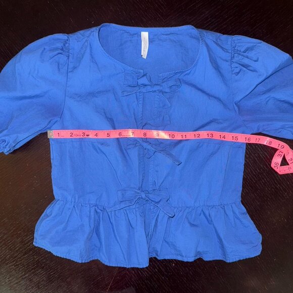 Stradivarius Blue Puffy Sleeve Open Front Three Bow Tie Peplum Blouse Women's XS - Picture 6 of 8